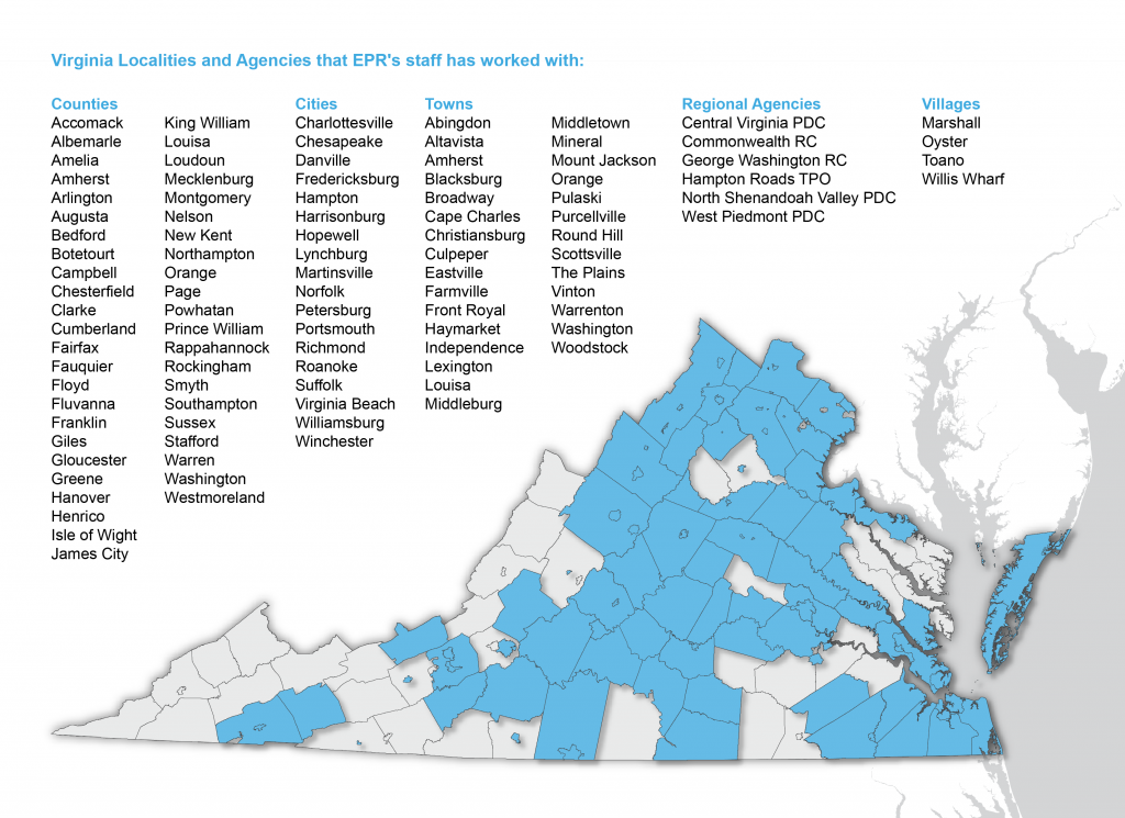 Map of places in Virginia where EPR staff have worked